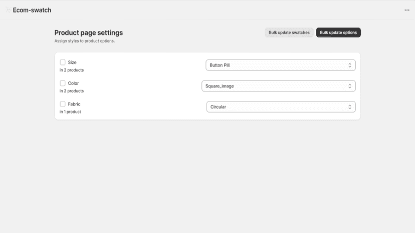 Product settings page