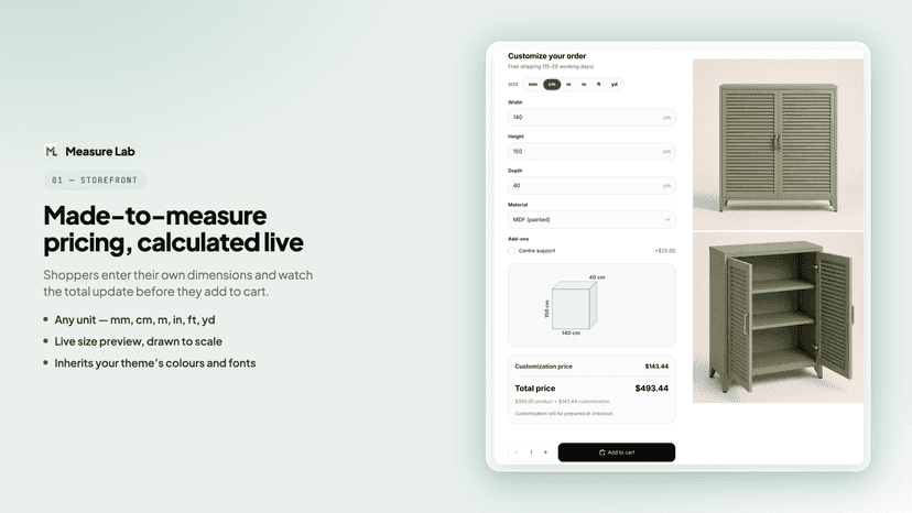 Sell any custom size with live made-to-measure pricing