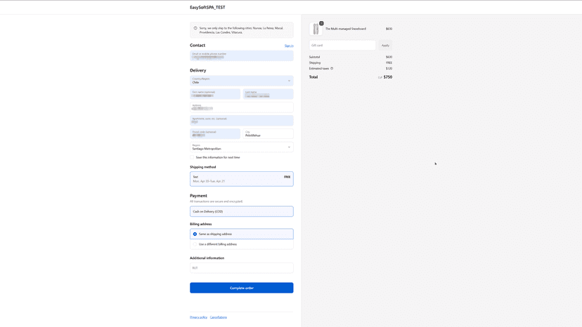 Checkout blocked on not listed city