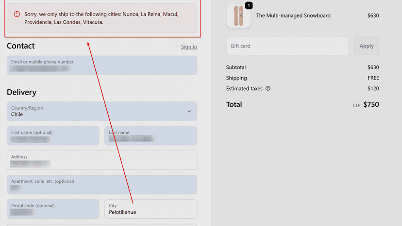 Checkout blocked error message shown to customers outside delive