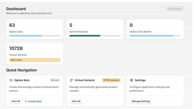 Product Options dashboard showing option sets and management