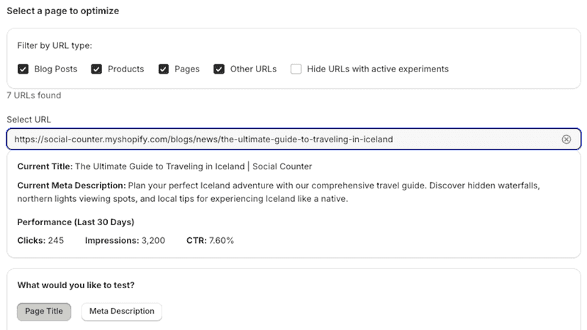 Form to create new SEO A/B split test to test page titles