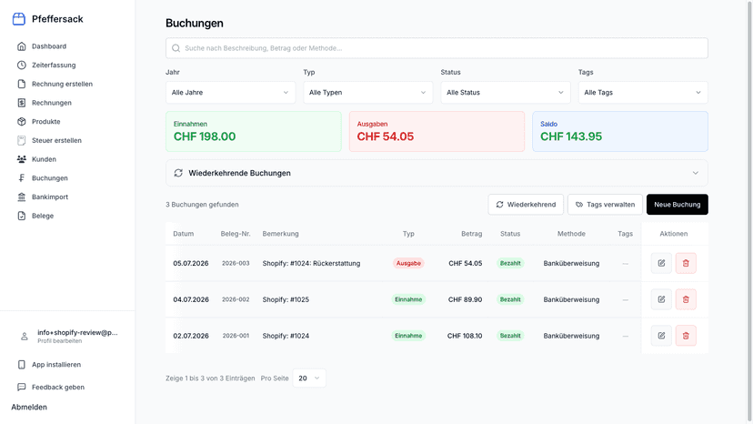 Shopify-Bestellungen als Buchungen mit MWST
