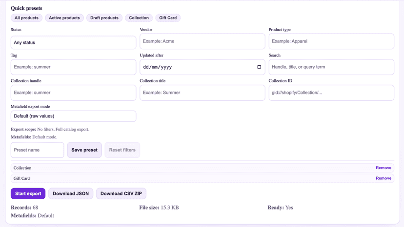 Product export screen with backup download options