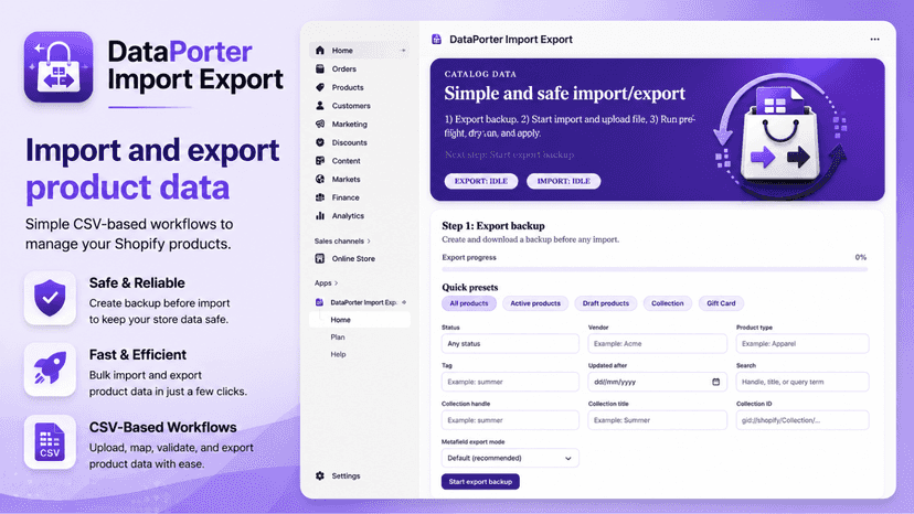 App dashboard showing product import, export, and billing tools