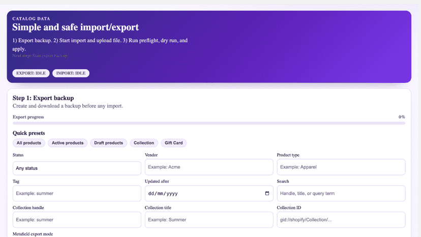 Dashboard with product import and export workflow