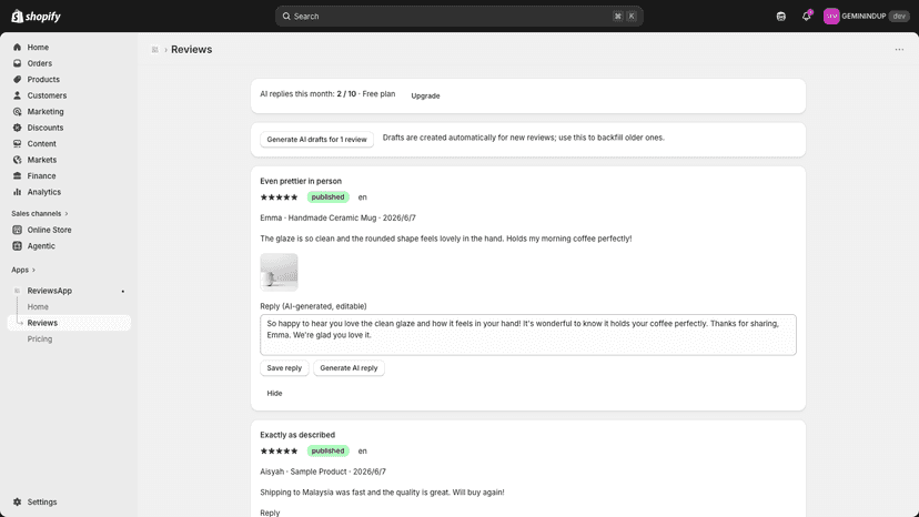 Usage meter and AI draft on Reviews page