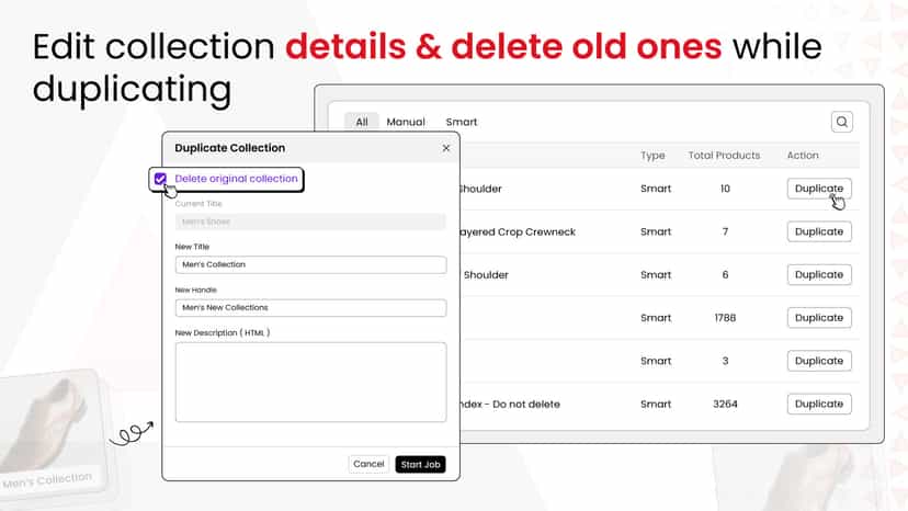 Edit collection details and delete old ones while duplicating
