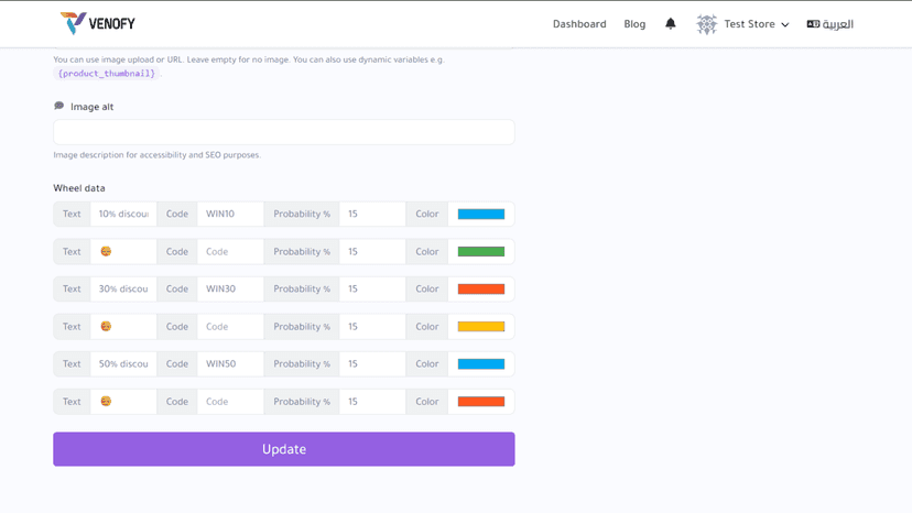 Set slice text, discount codes, probability & colors.