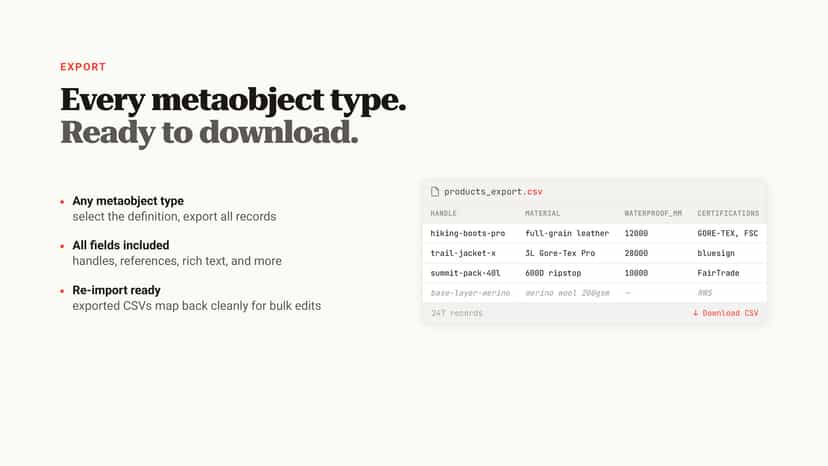 Export. Every metaobject type. Read to download.