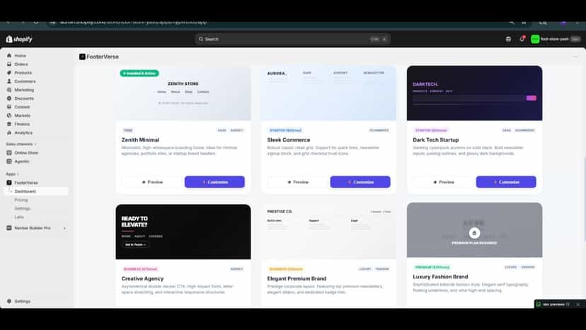 FooterVerse dashboard showing premium responsive footer template