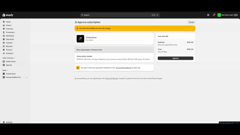 FooterVerse premium plan approval and subscription billing page