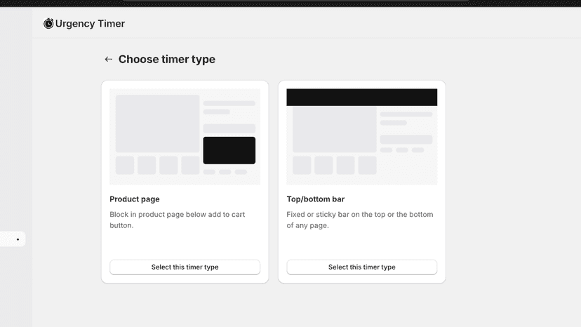 Urgency Timer dashboard showing product page and top bar options