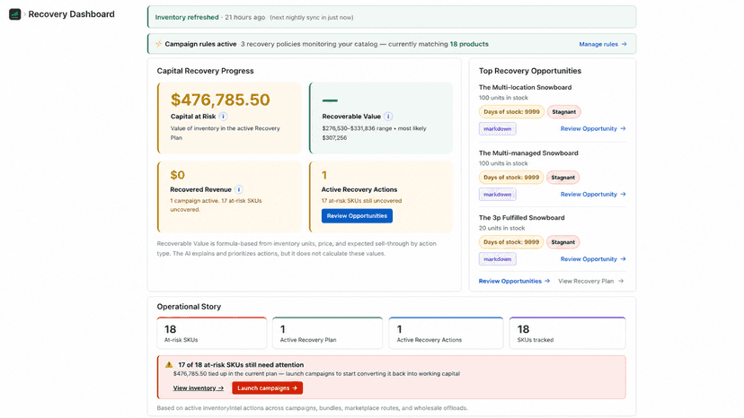 Recovery dashboard with capital at risk and opportunities