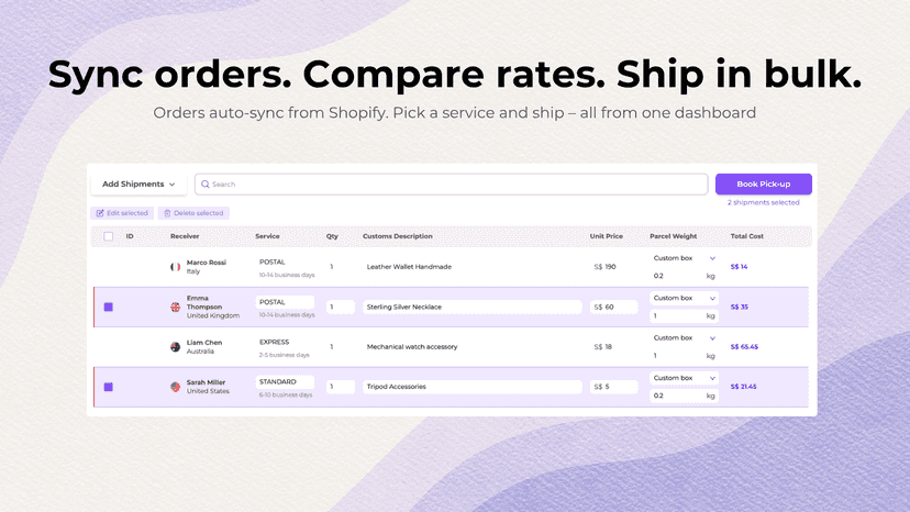 Bulk order shipping dashboard synced with Shopify store
