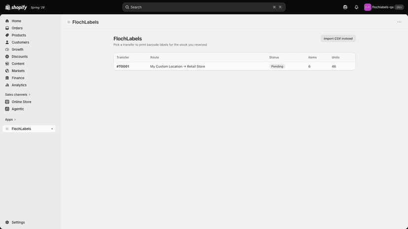 Transfers list with received counts inside Shopify admin