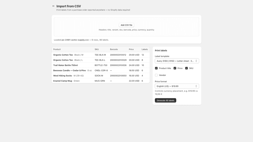 CSV import preview with parsed label data