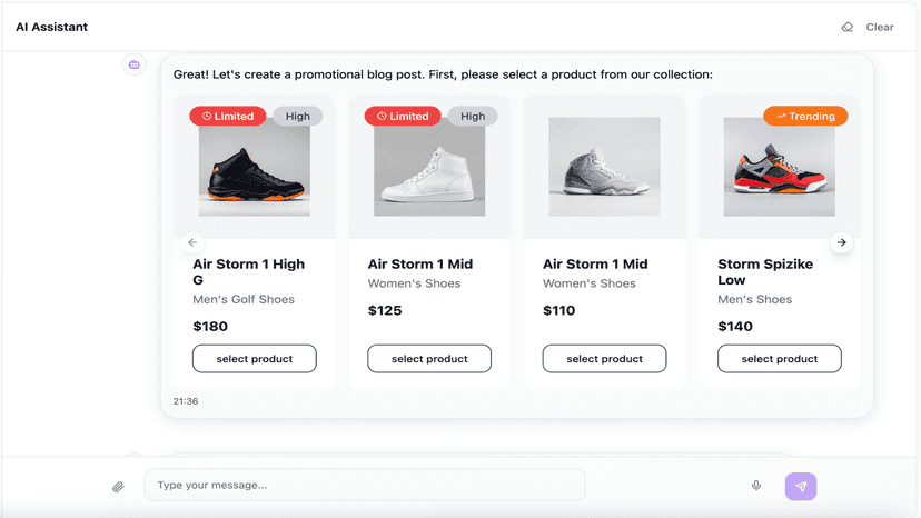 AI assistant showing product list to select for blog writing
