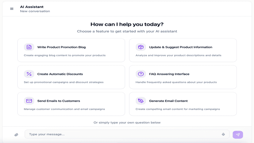 AI app dashboard with blog, discount, email, and FAQ tools