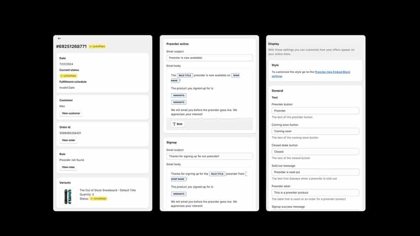 Three screenshots showing mobile interface for preorder app