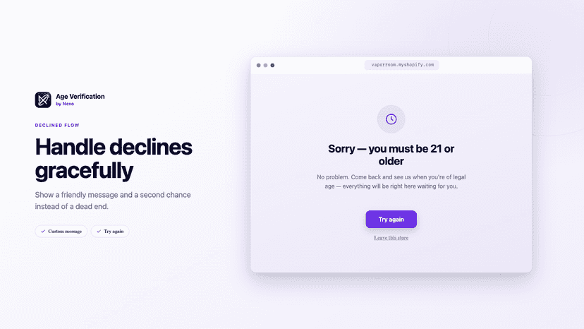 Declined screen with custom message and try-again option