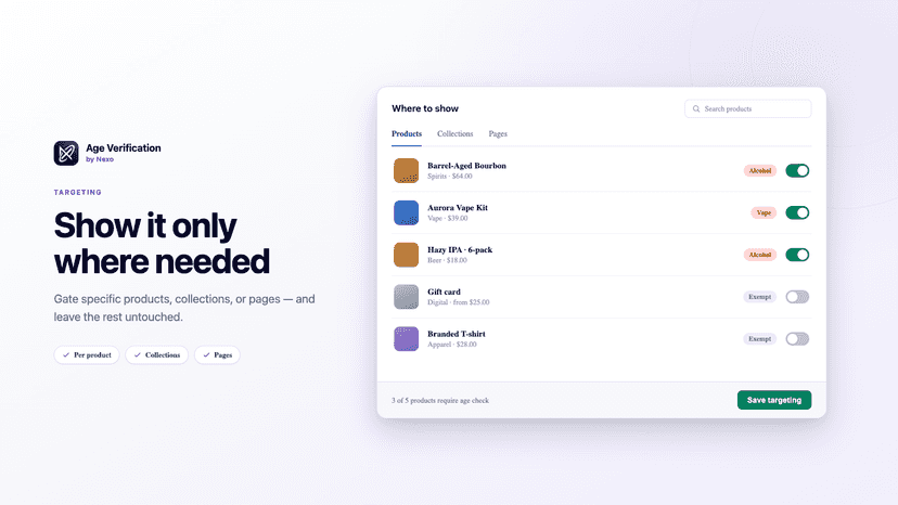 Choosing products, collections and pages for the age gate