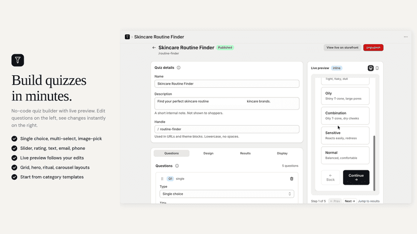 No-code quiz builder with live storefront preview