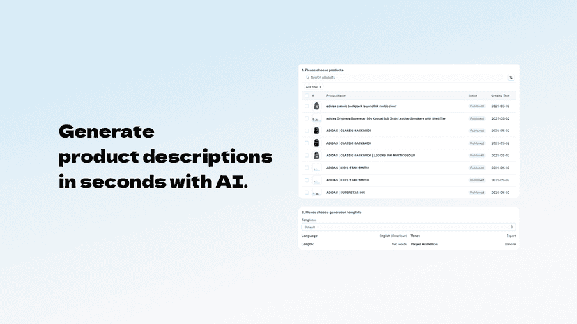 Generate product descriptions in seconds with AI.