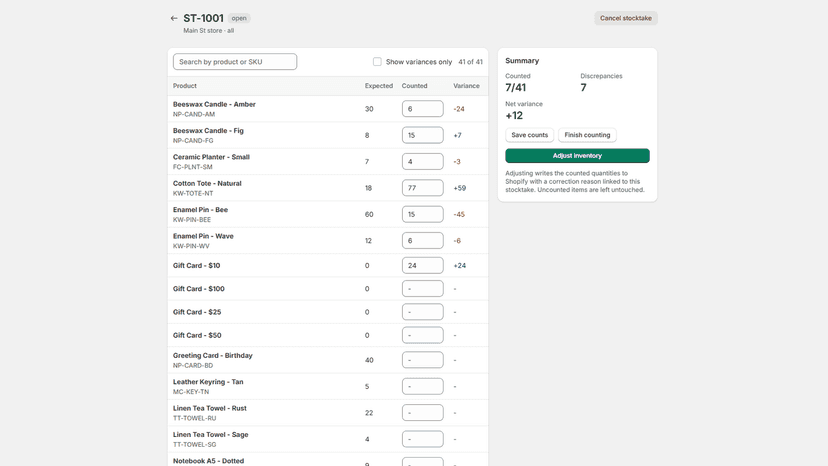 Stocktake counting with live variance against expected stock