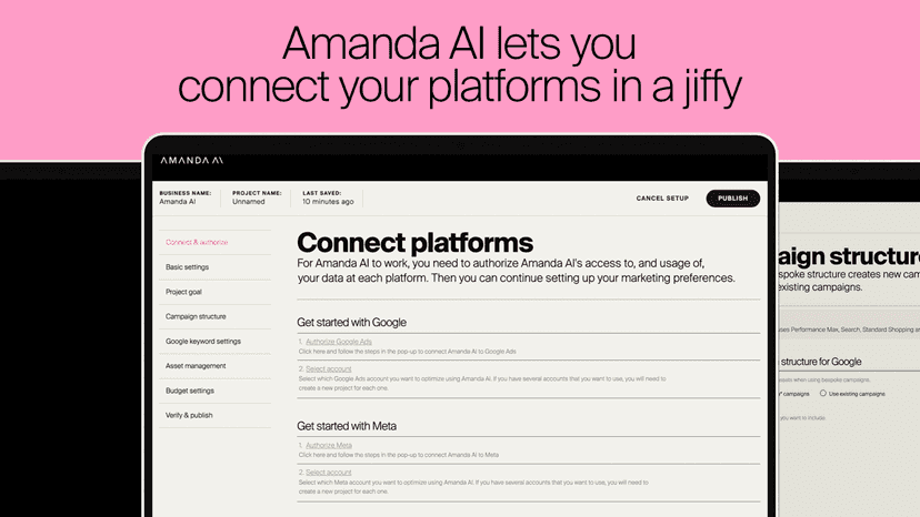 Showing Amanda AI app to connect Google Ads and Meta accounts