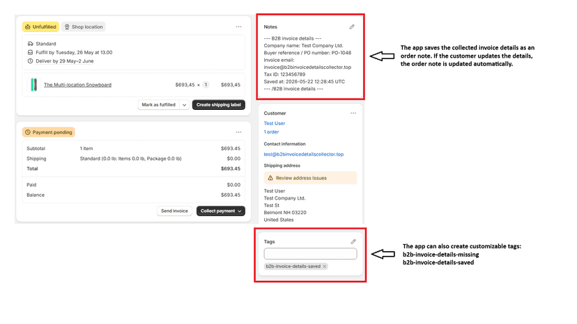 See all the necessary details for invoicing in Order Notes