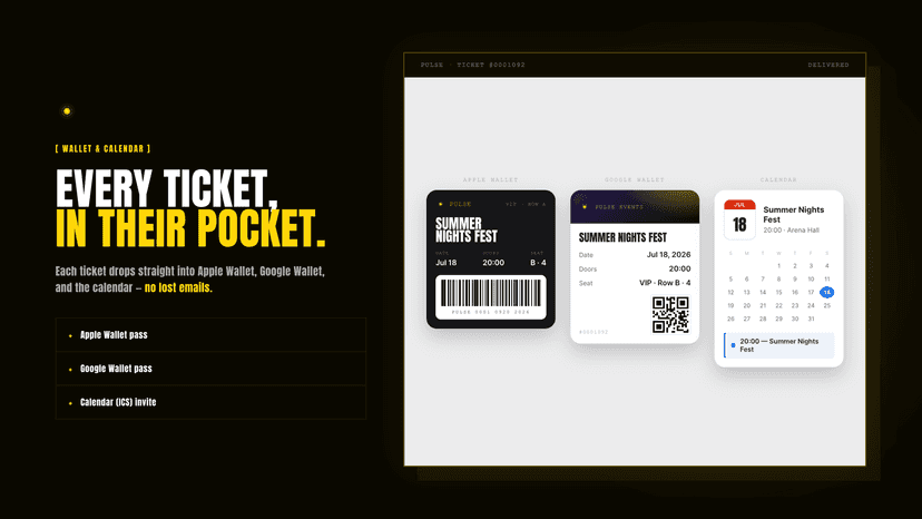 Ticket in Apple Wallet, Google Wallet and calendar