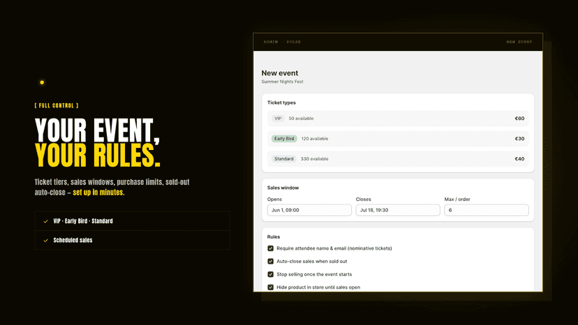 Create an event with ticket tiers and sales rules
