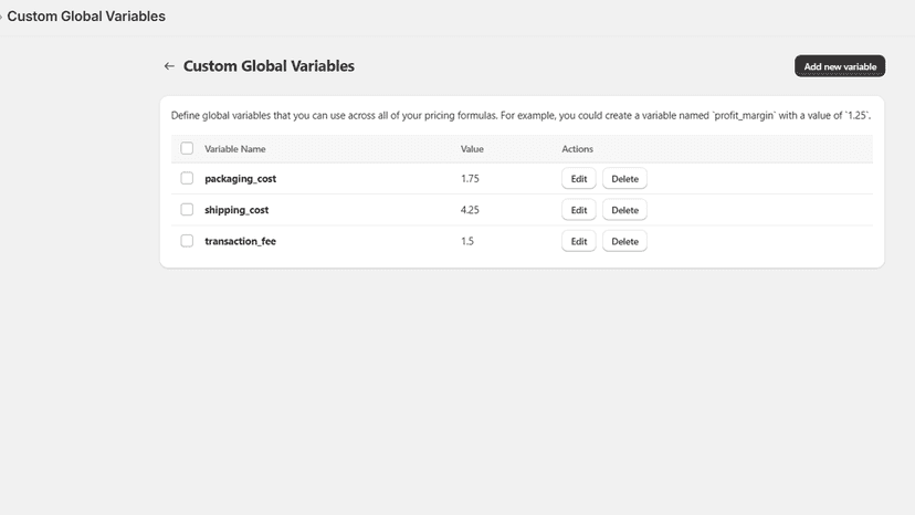 Custom Cost and Variables