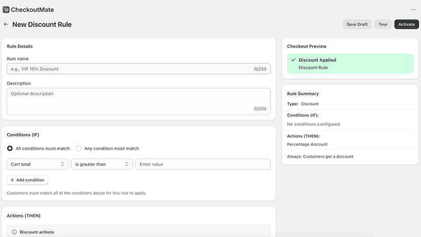 Rule builder with conditions and actions for a new discount rule