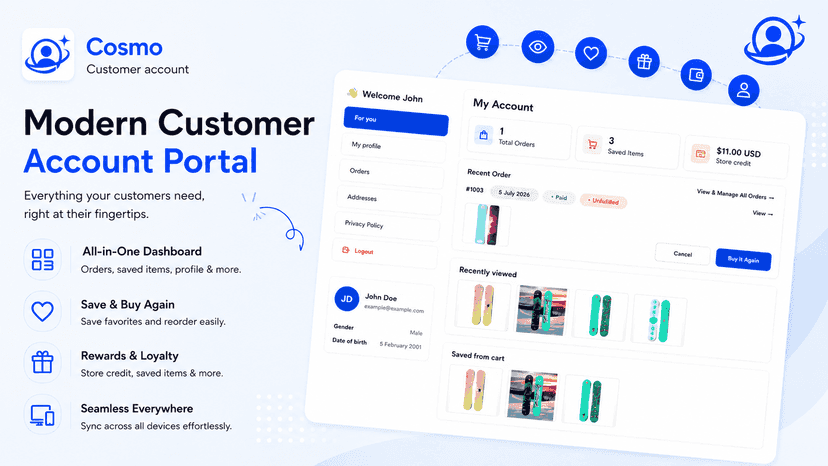 Customer account dashboard with recent orders & cart items