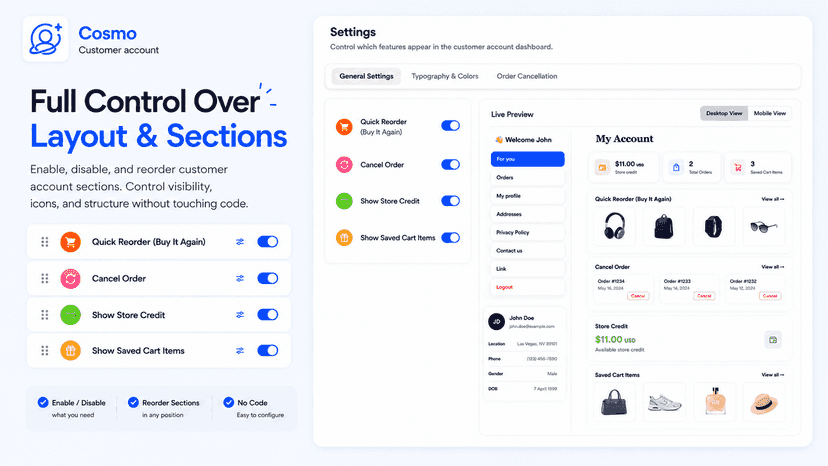 Customer account settings page previwe