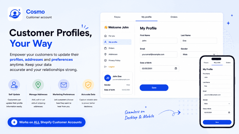 Customer account profile page with custom fields