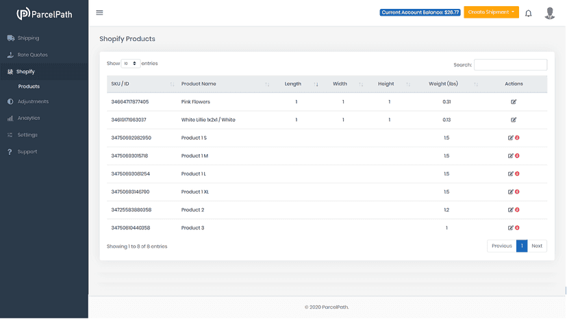 Manage Product dimensions for shipping