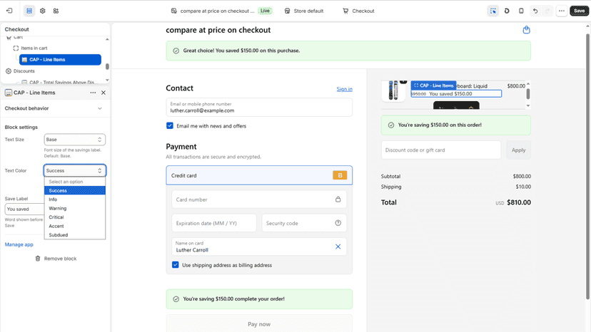 Line item block settings: text size, color, and save label