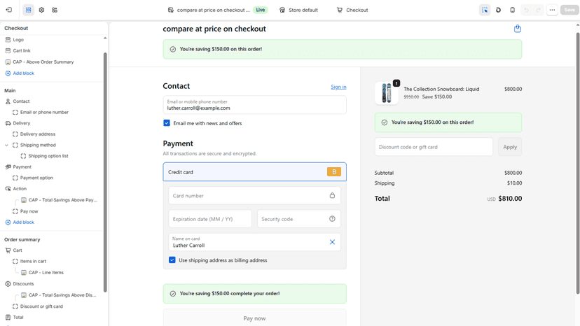 Compare At Price blocks active in Shopify Checkout Editor