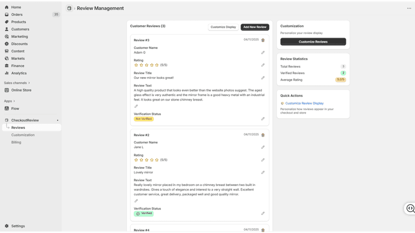 Dashboard to manage customer reviews with edit and delete option