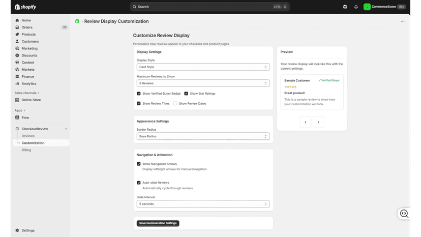 Review display customization settings with style and layout.