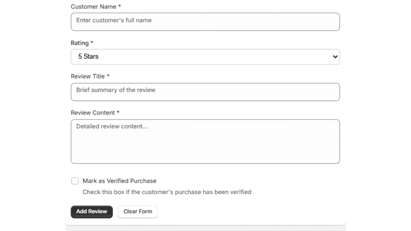 Add review form with guidelines and quick stats.