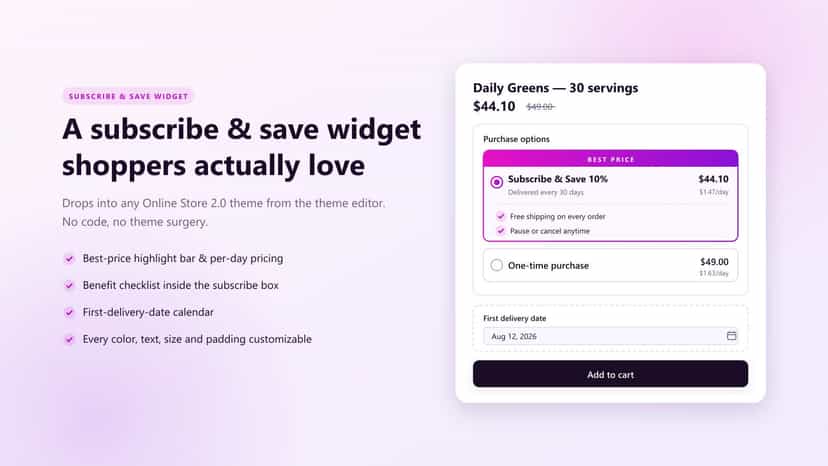 Subscribe and save widget with highlight bar and per-day price