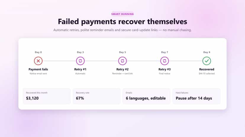 Automatic dunning timeline with smart retries and recovery stats