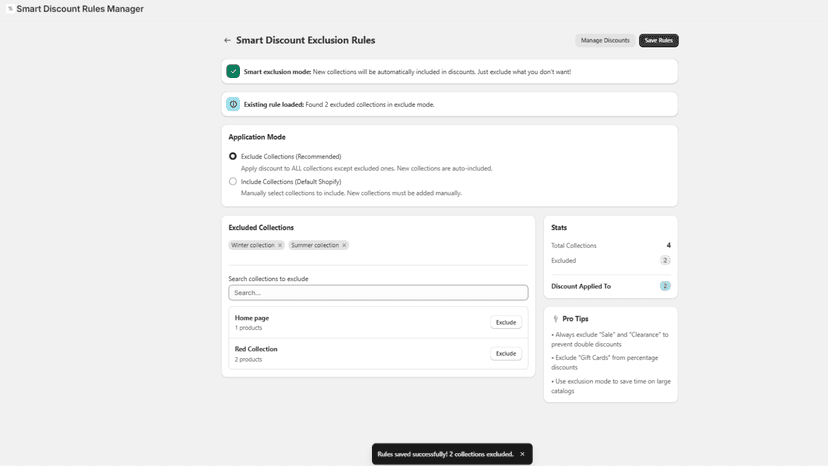 Smart Discount Exclusion Rules with success message