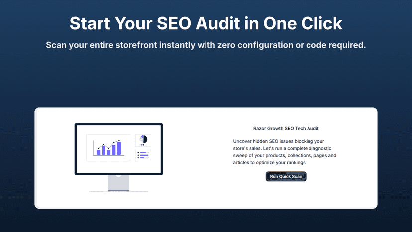 Shopify SEO app dashboard onboarding and setup screen.