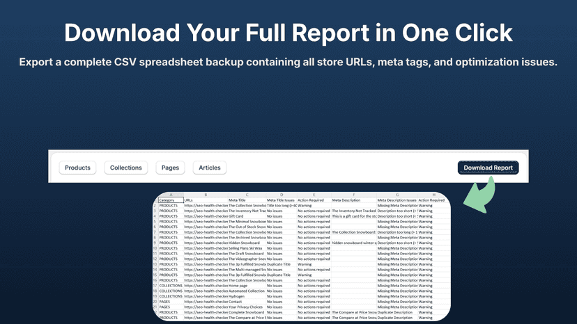 One-click button to download full store SEO audit CSV reports.