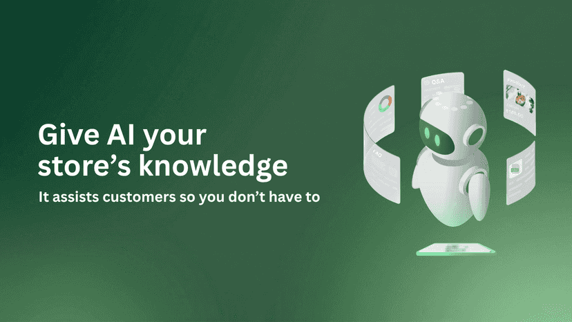 AI robot with store knowledge panels and FAQ icons